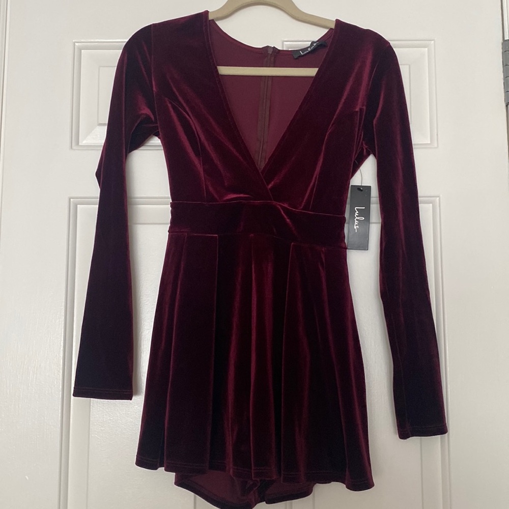 Velvet Maroon Long Sleeve Romper with Tie Back NWT